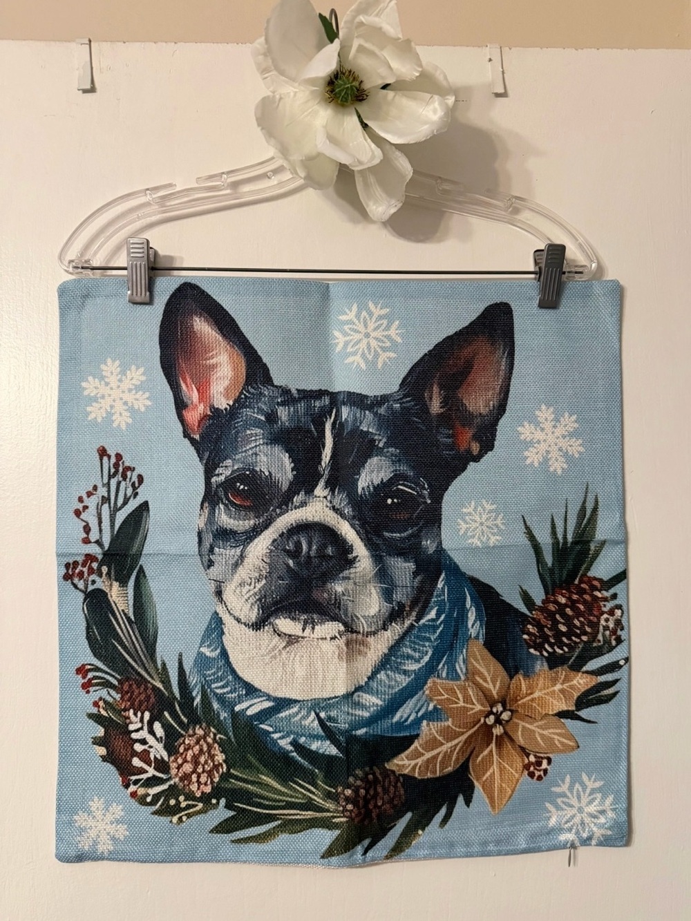 Holiday Boston Terrier Decorative Throw Pillow Cover in Light Blue NWOT